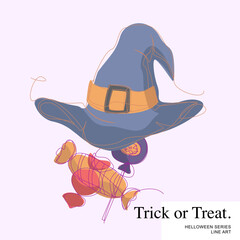 Halloween Cartoon Line Art Character Vector Template, Trick or Treat with candy and the Witcher hat.