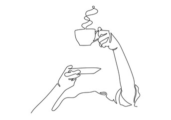 One continuous line drawing of hands holding a cup of hot coffee.