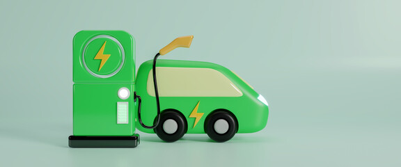Electric car concept in green environment concept, eco power produced from sustainable source to supply to charger station in order to reduce CO2 emission, sustainable energy concept. 3d rendering