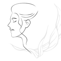 One continuous line hand drawn vector art with beautiful woman face in elegant curve. Black isolated on white background. Modern simplistic design for fashion, wall art, print, tattoo, cover, card.