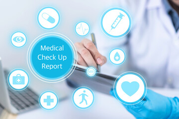 Infographic about annual health check, Consultant or Health care professional and Medical check up report, Health insurance business and welfare in medical treatment, Hospitals and medical personnel.