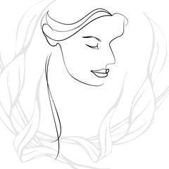 One continuous line hand drawn vector art with beautiful woman face in elegant curve. Black isolated on white background. Modern simplistic design for fashion, wall art, print, tattoo, cover, card.