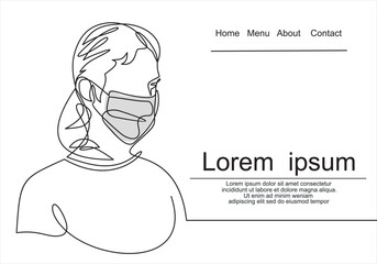 woman medical face mask.  continuous line drawing