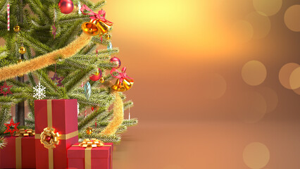 Bokeh effect christmas tree gold background with red gift boxes and copy space.