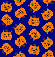 Abstract Hand Drawing Cute Cat Face Pumpkins Halloween Concept Seamless Vector Pattern Isolated Background