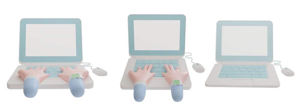 3D illustration of a collection of hands holding a laptop. Close up portrait of cartoon businessman using computer, isolated on white. Communication, work in office concept.