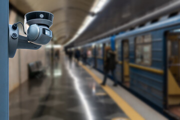 CCTV Camera security operating on subway station platform.underground railways station