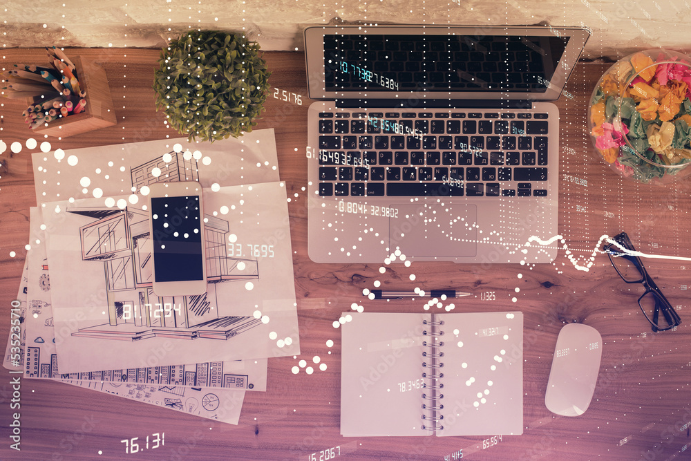 Aufkleber Double exposure of data theme drawing hologram over topview work table background with computer. Concept of technology.