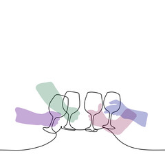 hands with glasses clink glasses - one line drawing vector. concept holiday, party, drinking alcohol (wine)