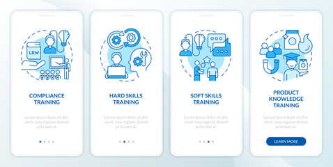 Corporate training for workforce blue onboarding mobile app screen. Walkthrough 4 steps editable graphic instructions with linear concepts. UI, UX, GUI template. Myriad Pro-Bold, Regular fonts used