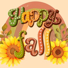 Happy fall hand-lettered with a rainbow and flowers illustration 