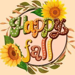 Happy fall hand lettered in a circle floral frame illustration