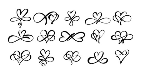 Set of Love hand drawn hearts sign of infinity with cute sketch line. Divider doodle element love shape for valentines day, wedding, mother's day or woman's day. Vector isolated on white background.