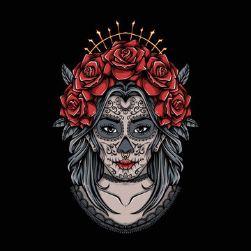sugar skull lady with roses vector illustration