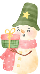 Snowman Christmas in winter scarf and hat vintage with present boxes watercolour cartoon illustration 