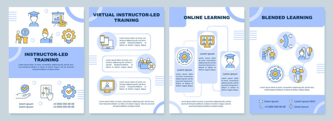 Types of training blue brochure template. Virtual instructor. Leaflet design with linear icons. Editable 4 vector layouts for presentation, annual reports. Arial-Black, Myriad Pro-Regular fonts used