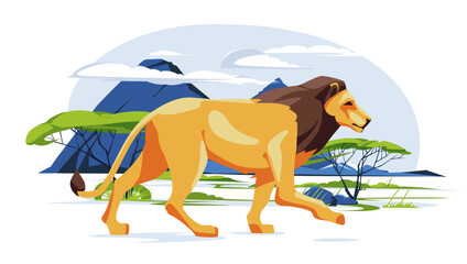 lone African lion walking across the savannah landscape. A wild animal of Africa. Vector flat illustration