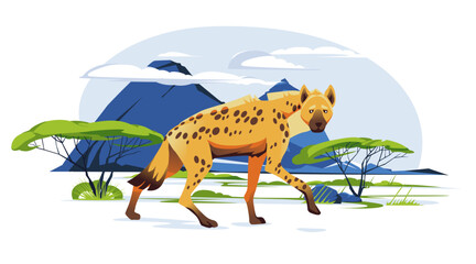 A lone hyena walking across the savannah landscape. Wild African animals. Vector flat illustration - obrazy, fototapety, plakaty