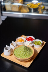 Set Bingsu green tea with fruit,whipped cream and sweetened condensed milk and chocolate