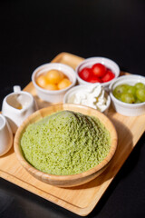 Set Bingsu green tea with fruit,whipped cream and sweetened condensed milk and chocolate