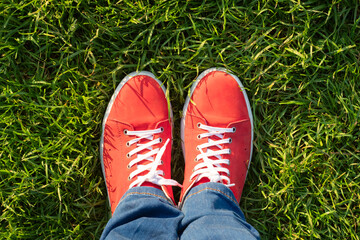 Top view of red sneakers on green grass. copy space