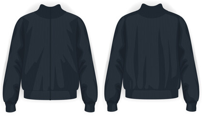 Knit cardigan black front and back view, vector mockup illustration