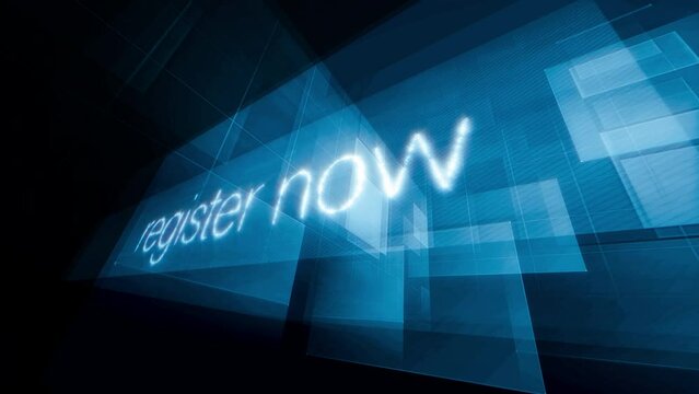 Register Now  3D word cinematic Hitech title background. 4K 3D render seamless loop Register Now neon blue text abstract background. Ending cover for end scence trailer.