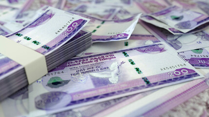 close up of Ethiopian birr notes spread on table. 3d rendering of money scattered on surface