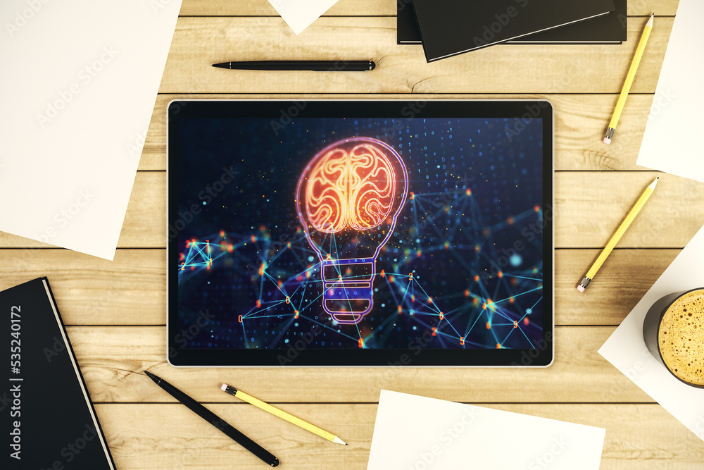 Poster creative light bulb with human brain hologram on modern digital tablet display, artificial intellige