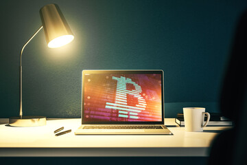 Creative Bitcoin concept on modern computer monitor. 3D Rendering