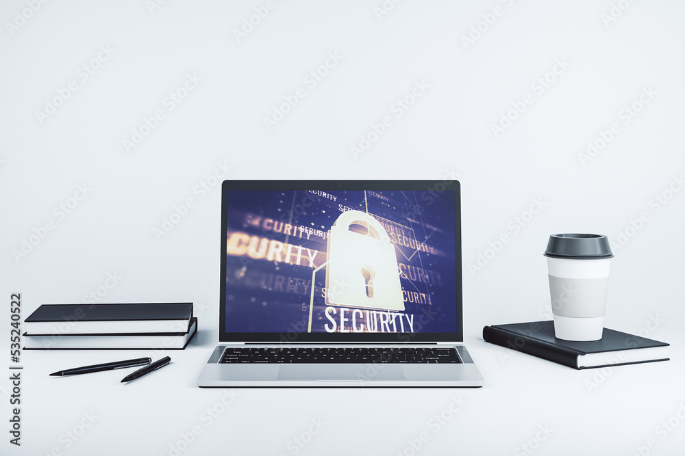 Aufkleber Computer monitor with creative light lock illustration and microcircuit, cyber security concept. 3D Rendering
