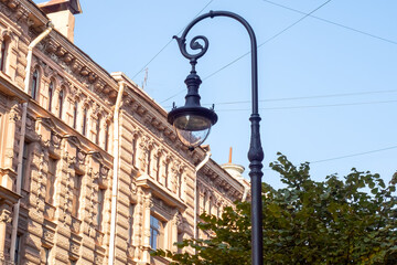 Vintage street lamp against the background of historical buildings, Saint Petersburg, Russia.