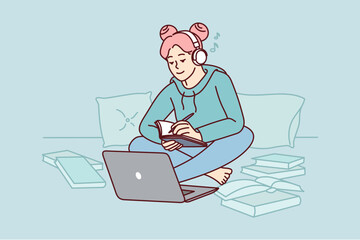 Fototapeta na wymiar Girl in headphones study on laptop at home take notes in notebook. Happy female student in earphones write notepad have online class on computer. Vector illustration. 