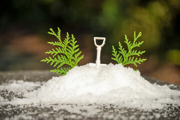Decorative snow with toy shovel and green leaves for Christmass tree immitation