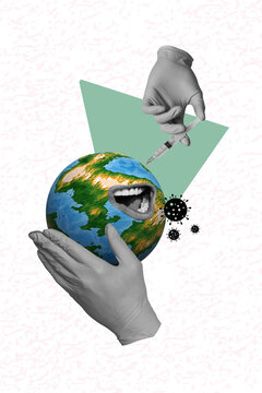 Vertical creative collage image of doctor hands sterile gloves hold planet earth mouth injection syringe covid-19 vaccine global epidemic