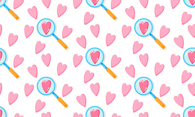 Seamless pattern set with hearts and magnifying glass. Romantic background, gift paper print, dating, look for relationship, valentine day or wedding design, Illustration of searching for love.