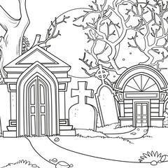 Halloween background cemetery and crypts moon night outlined for coloring page