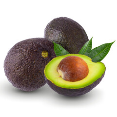 Avocado with leaves and half of fresh avocado with kernel isolated on an alpha background