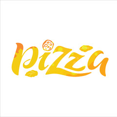 Pizza logo, vector hand lettering. Calligraphy. Handwritten letters of orange yellow pizza colors. Textured.  Pizza logotype for pizzeria packaging cafe banner poster sticker flyer. Hot pizza.