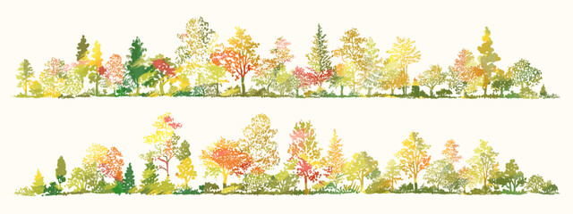 Trees sketch set. Hand drawn graphic autumn forest. Composition of different colorful trees, shrubs and grass isolated on background. Vector illustration