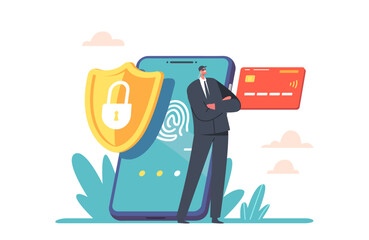Mobile Data Protection Concept. Credit Card Check And Software for Confidential Access. Security Character in Black Suit