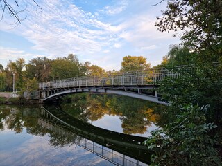 Fototapeta na wymiar footbridge stands in the recreation park over the stream