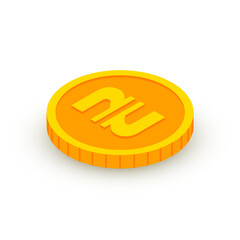 Isometric gold coin icon with Ukrainian Hryvnia sign. 3d UAH Cash, currency of Ukraine, Game coin, banking money symbol for web, apps, design. Ukrainian currency exchange vector icon.