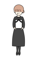 遺影を持って泣いている喪服のお姉さん