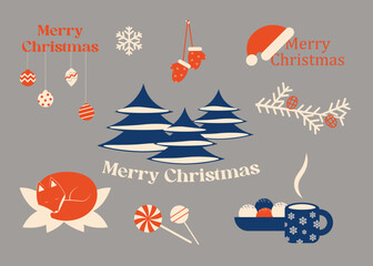 Fototapeta na wymiar Christmas, New Year, winter, vintage, retro, vector illustration stickers, icons set