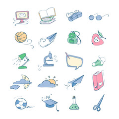 School sketch illustration set. Back to school vector collection with supplies, books and notepads, backpack, apple, speech bubble, microscope and other elements