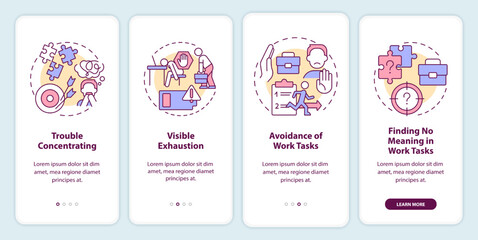 Signs of employee burnout onboarding mobile app screen. Job exhaustion walkthrough 4 steps editable graphic instructions with linear concepts. UI, UX, GUI template. Myriad Pro-Bold, Regular fonts used