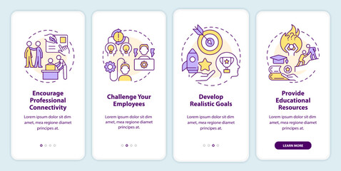 Empower employees onboarding mobile app screen. Motivate workers walkthrough 4 steps editable graphic instructions with linear concepts. UI, UX, GUI template. Myriad Pro-Bold, Regular fonts used