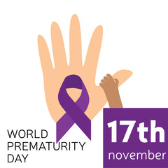 World prematurity baby day 17 November. Cute baby hand take big hand. Vector illustration.