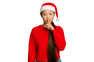 Young asian woman celebrating Christmas isolated on green chroma background keeping a secret or asking for silence.